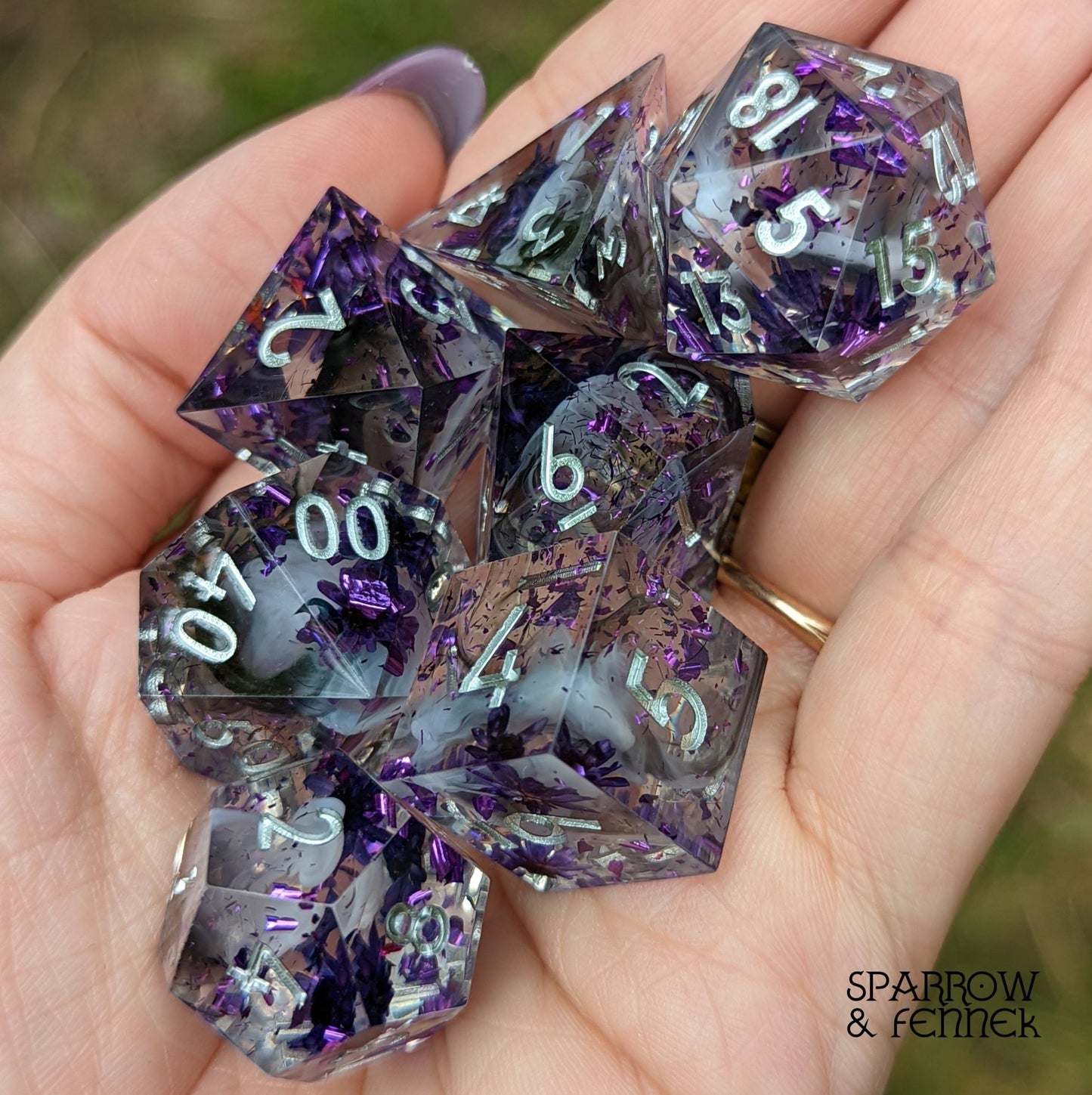 Purple Flower Dice Set – 7 - Piece Sharp Edge Clear Wispy Clouds DnD Dice - Fennek and Finch