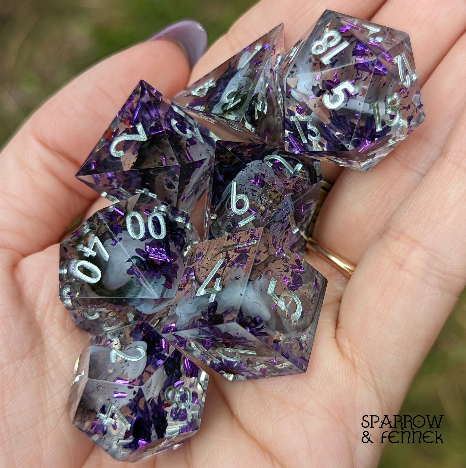 Purple Flower Dice Set – 7 - Piece Sharp Edge Clear Wispy Clouds DnD Dice - Fennek and Finch
