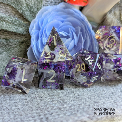 Purple Flower Dice Set – 7 - Piece Sharp Edge Clear Wispy Clouds DnD Dice - Fennek and Finch