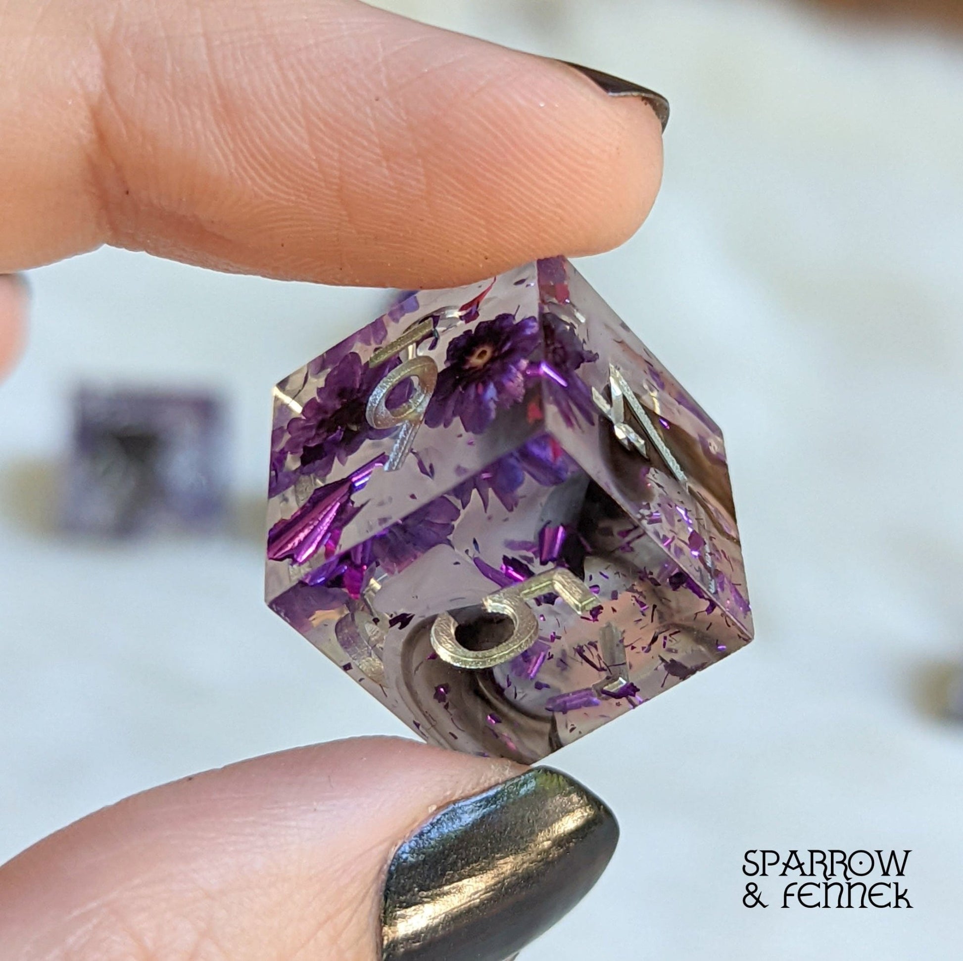 Purple Flower Dice Set – 7 - Piece Sharp Edge Clear Wispy Clouds DnD Dice - Fennek and Finch