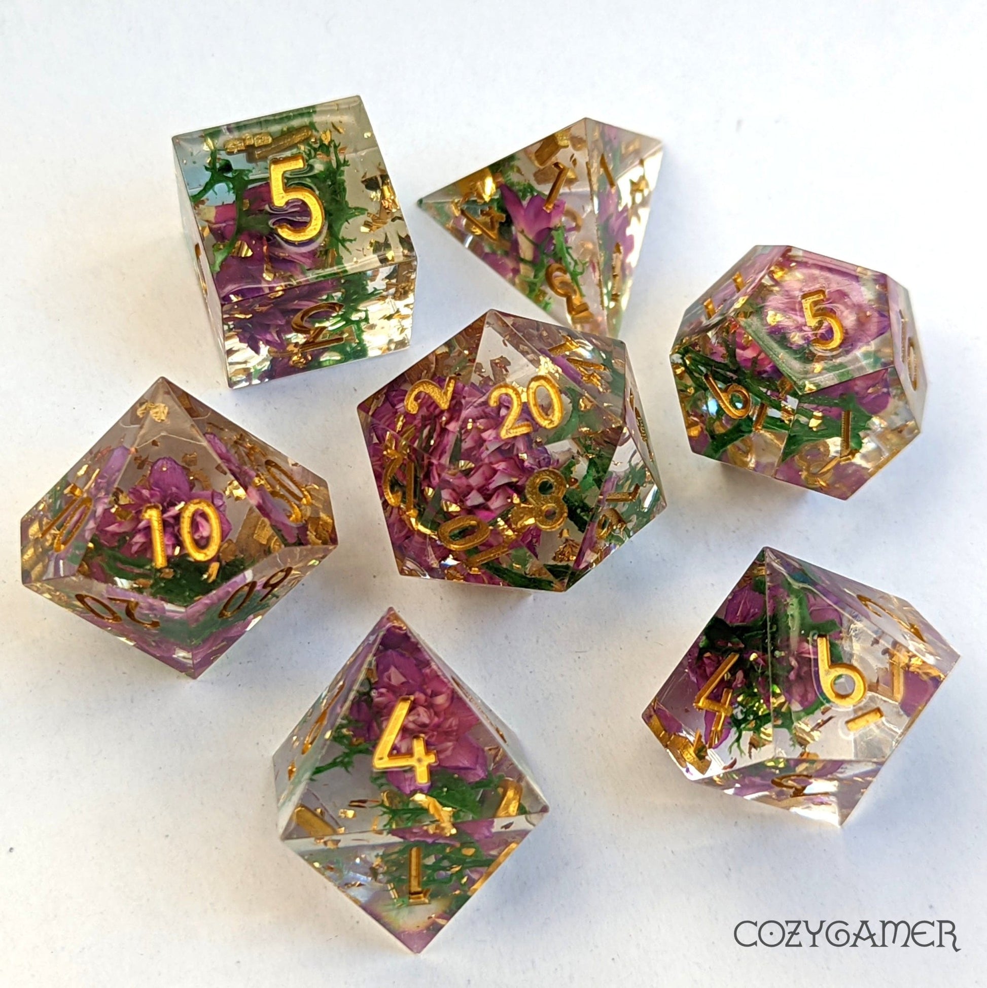 Purple Flowers Green Moss Sharp Edge Dice Set – 7 - Piece Real Botanicals DnD - Fennek and Finch
