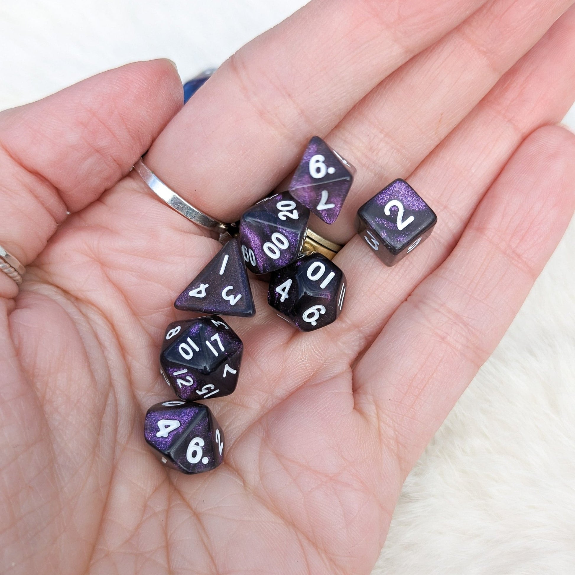 Purple Galaxy Mini Dice Set. 7 Piece Polyhedral DND Dice - Fennek and Finch