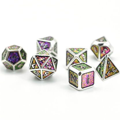 Purple Green Color Shifting Glitter Metal Dice Set – 7 - Piece Silver Trim DnD - Fennek and Finch