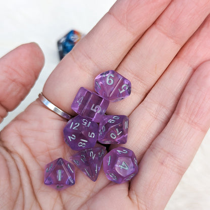 Purple Mini Dice Set. 7 Piece Polyhedral DND Dice
