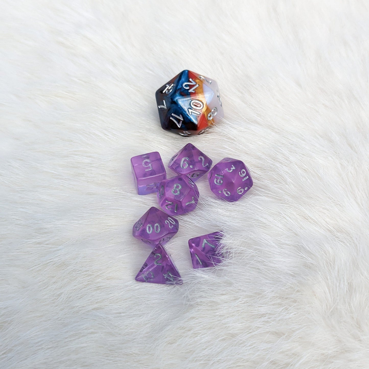 Purple Mini Dice Set. 7 Piece Polyhedral DND Dice