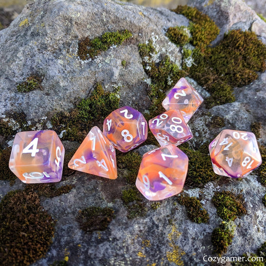 Purple Octopus Dice Set – 7 - Piece Translucent Purple Orange Ink Swirls DnD - Fennek and Finch