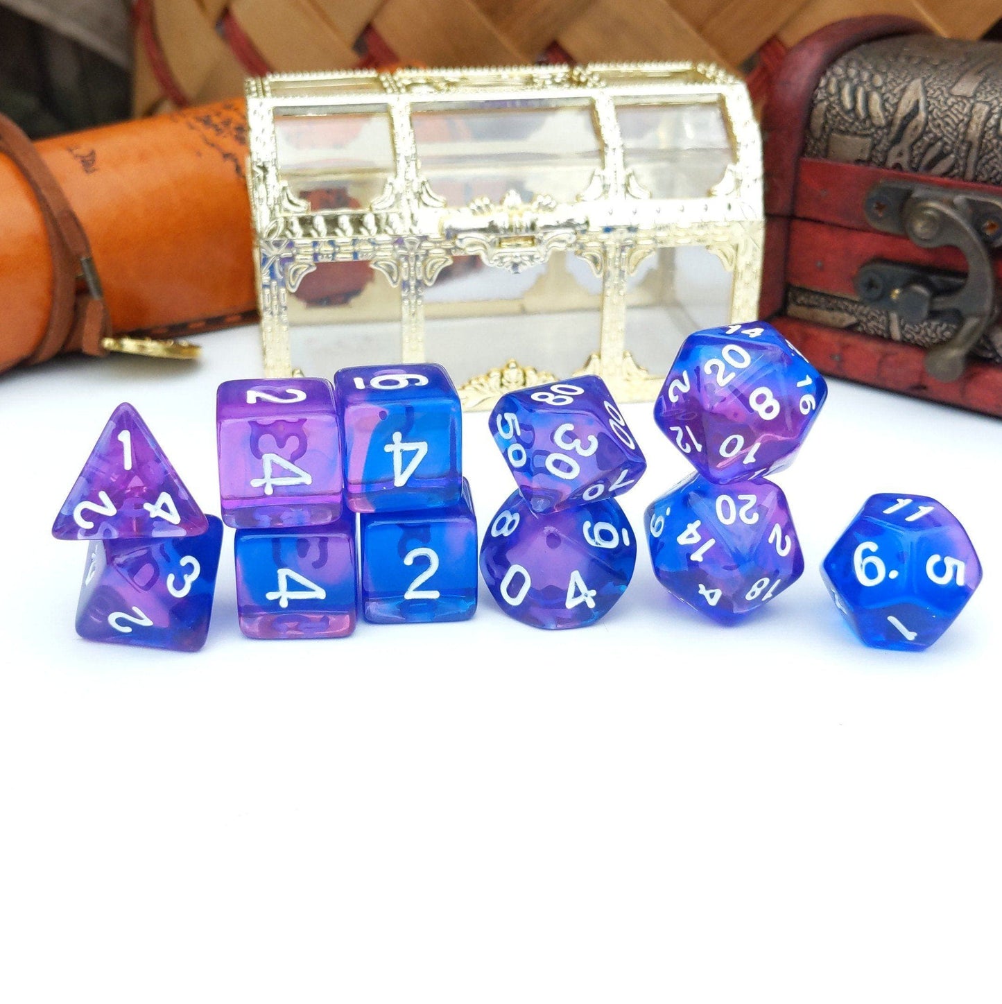 11 Piece Purple Phoenix Dice Set. Clear Blue and Purple Marbled TTRPG Dice Set - CozyGamer