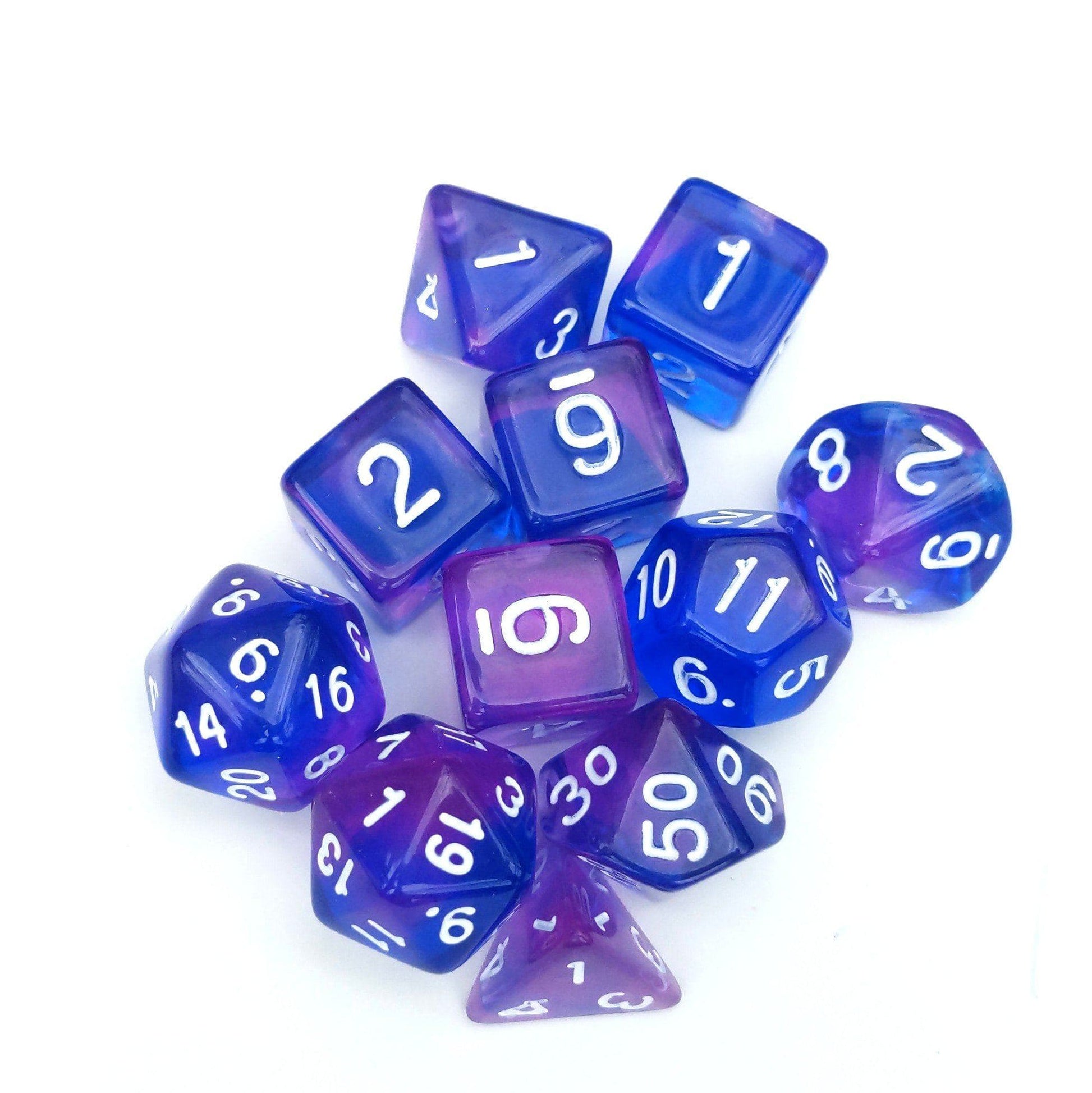11 Piece Purple Phoenix Dice Set. Clear Blue and Purple Marbled TTRPG Dice Set - CozyGamer