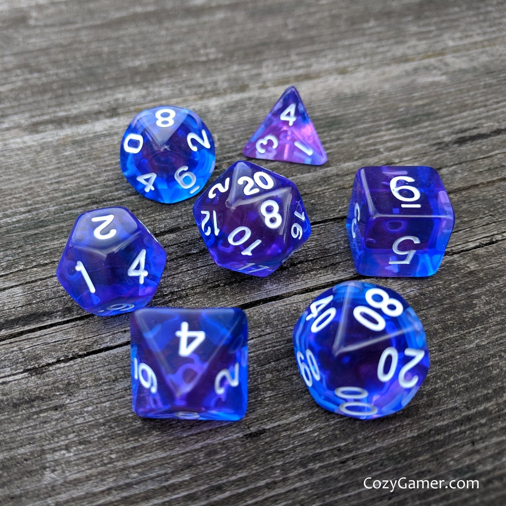 Purple Phoenix Dice Set – 7 - Piece Translucent Blue Purple Polyhedral DnD Dice - Fennek and Finch