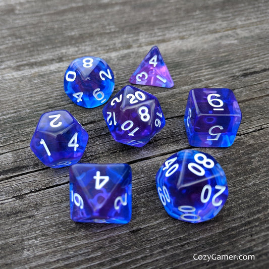 Purple Phoenix Dice Set – 7 - Piece Translucent Blue Purple Polyhedral DnD Dice - Fennek and Finch