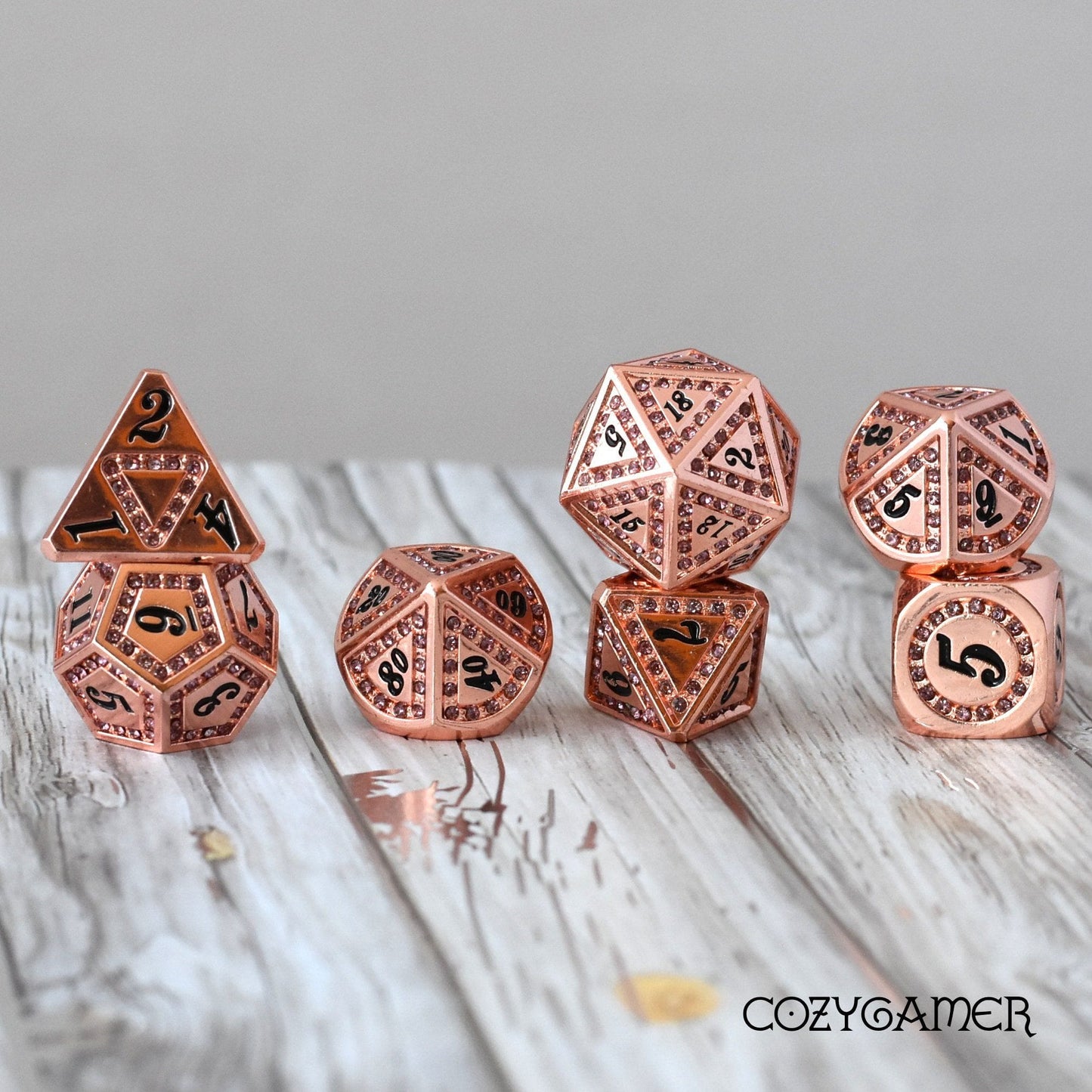 Purple Rhinestone Copper Metal Dice Set – 7 - Piece Amethyst Inspired DnD Dice - Fennek and Finch
