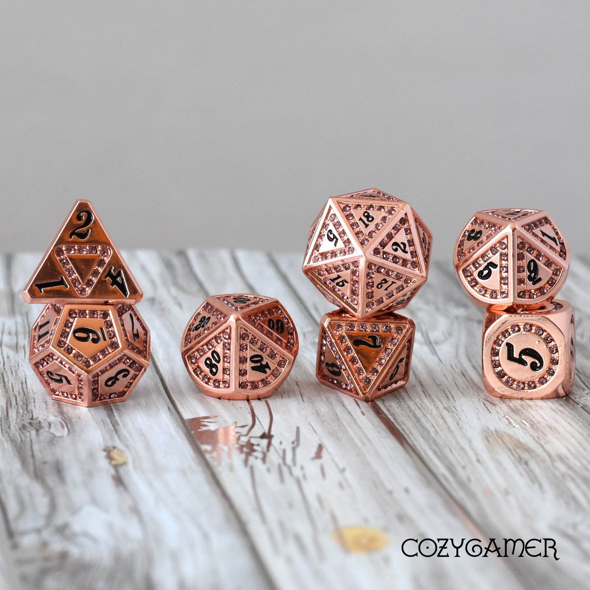 Purple Rhinestone Copper Metal Dice Set – 7 - Piece Amethyst Inspired DnD Dice - Fennek and Finch