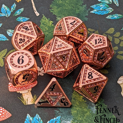 Purple Rhinestone Copper Metal Dice Set – 7 - Piece Amethyst Inspired DnD Dice - Fennek and Finch