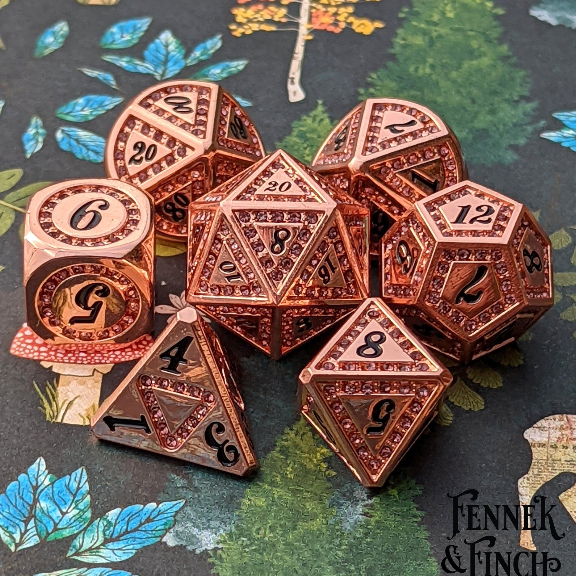 Purple Rhinestone Copper Metal Dice Set – 7 - Piece Amethyst Inspired DnD Dice - Fennek and Finch