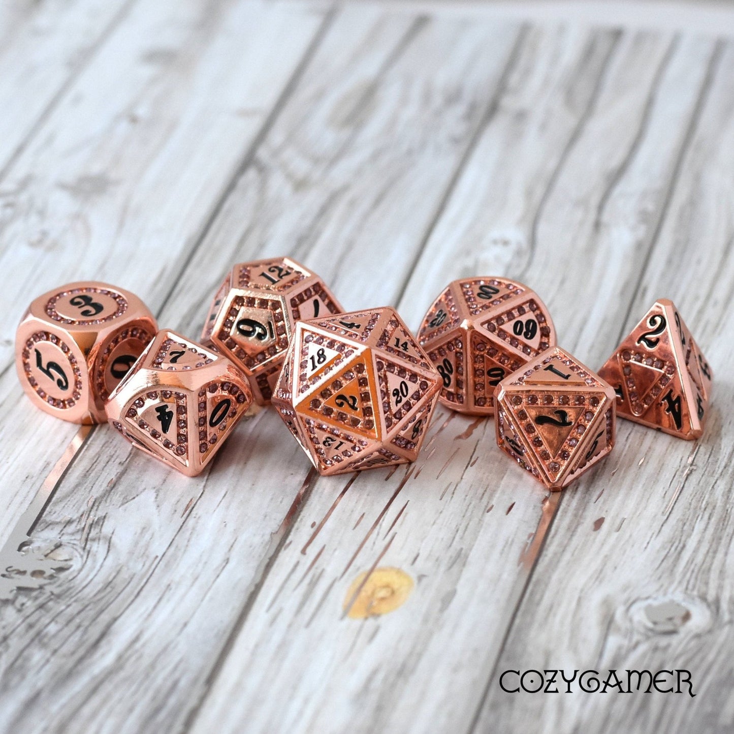 Purple Rhinestone Copper Metal Dice Set – 7 - Piece Amethyst Inspired DnD Dice - Fennek and Finch