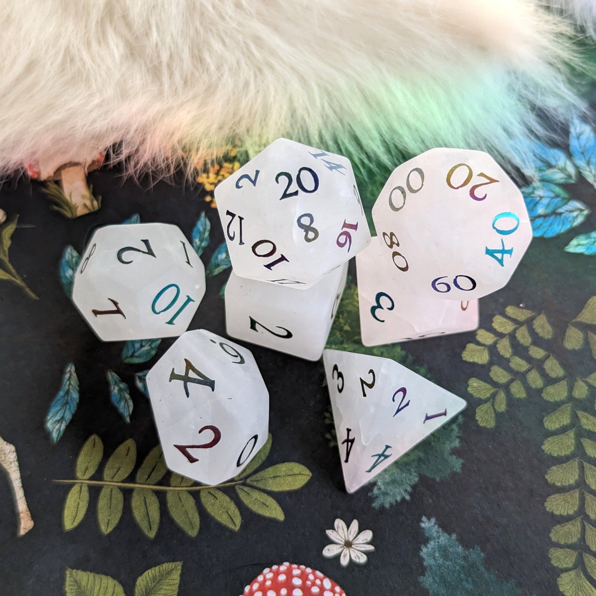 Quartz Crystal Gemstone Dice Set | Frosted Real Stone DnD Dice with Rainbow Numbers Dice Sets & Games Fennek and Finch