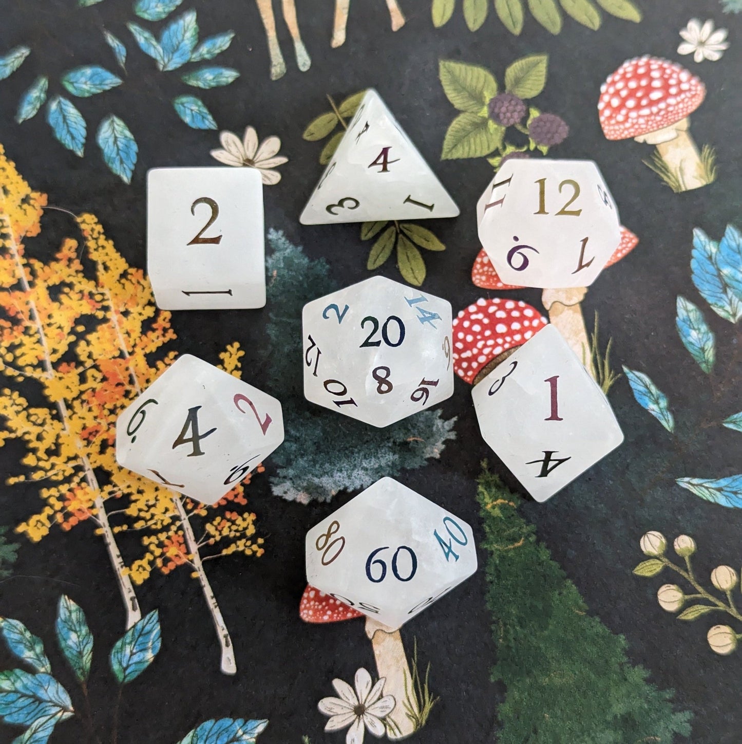 Quartz Crystal Gemstone Dice Set | Frosted Real Stone DnD Dice with Rainbow Numbers Dice Sets & Games Fennek and Finch