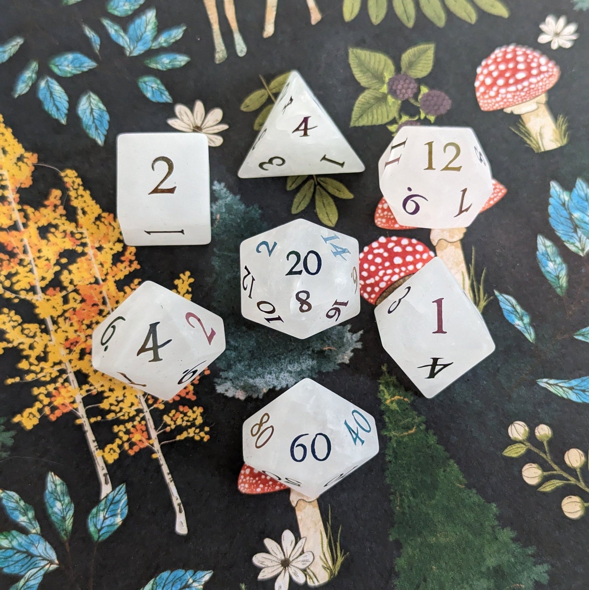 Quartz Crystal Gemstone Dice Set | Frosted Real Stone DnD Dice with Rainbow Numbers Dice Sets & Games Fennek and Finch