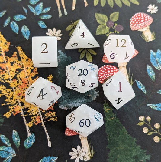Quartz Crystal Gemstone Dice Set | Frosted Real Stone DnD Dice with Rainbow Numbers Dice Sets & Games Fennek and Finch