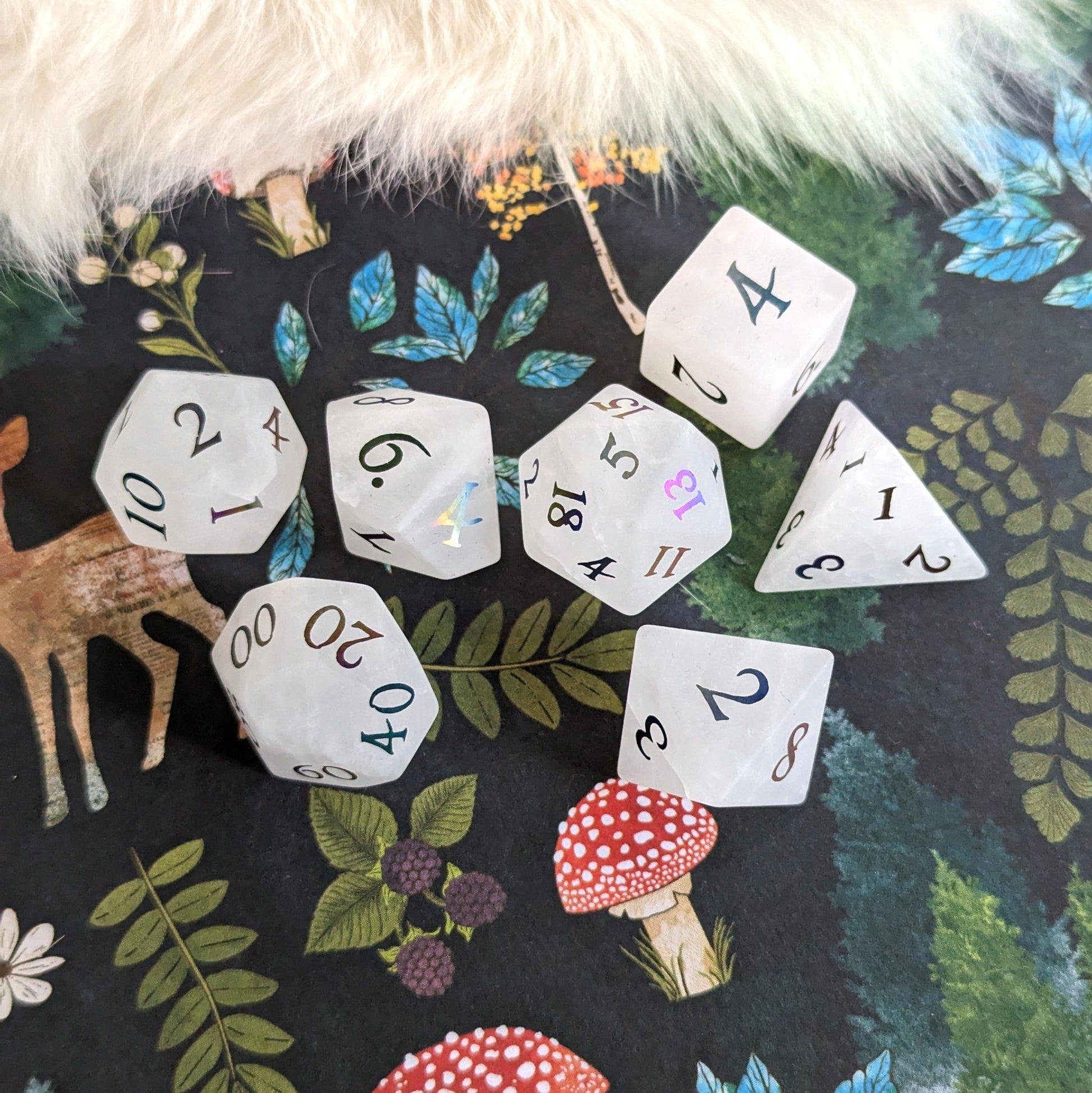 Quartz Crystal Gemstone Dice Set | Frosted Real Stone DnD Dice with Rainbow Numbers Dice Sets & Games Fennek and Finch
