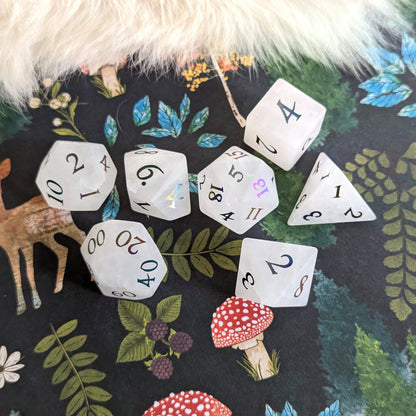 Quartz Crystal Gemstone Dice Set | Frosted Real Stone DnD Dice with Rainbow Numbers Dice Sets & Games Fennek and Finch