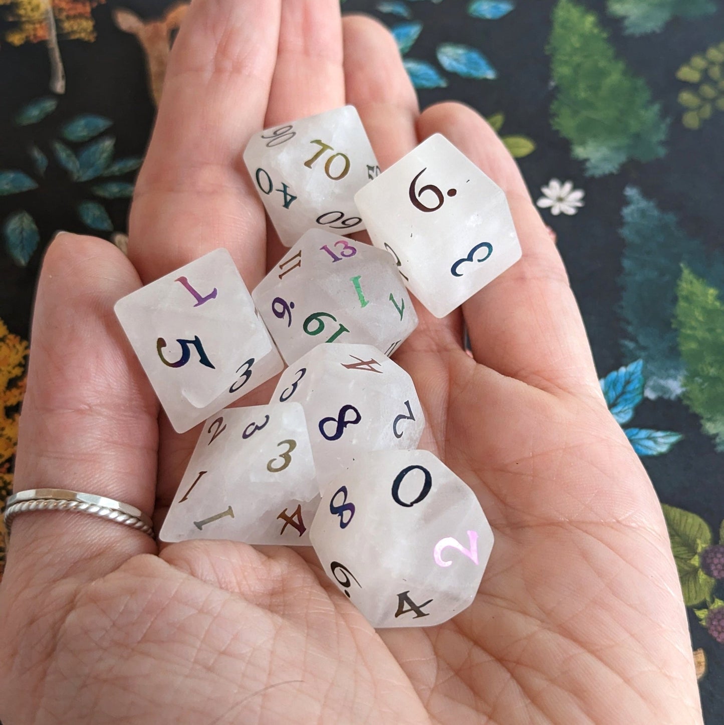 Quartz Crystal Gemstone Dice Set | Frosted Real Stone DnD Dice with Rainbow Numbers Dice Sets & Games Fennek and Finch