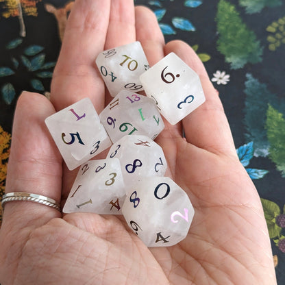 Quartz Crystal Gemstone Dice Set | Frosted Real Stone DnD Dice with Rainbow Numbers Dice Sets & Games Fennek and Finch