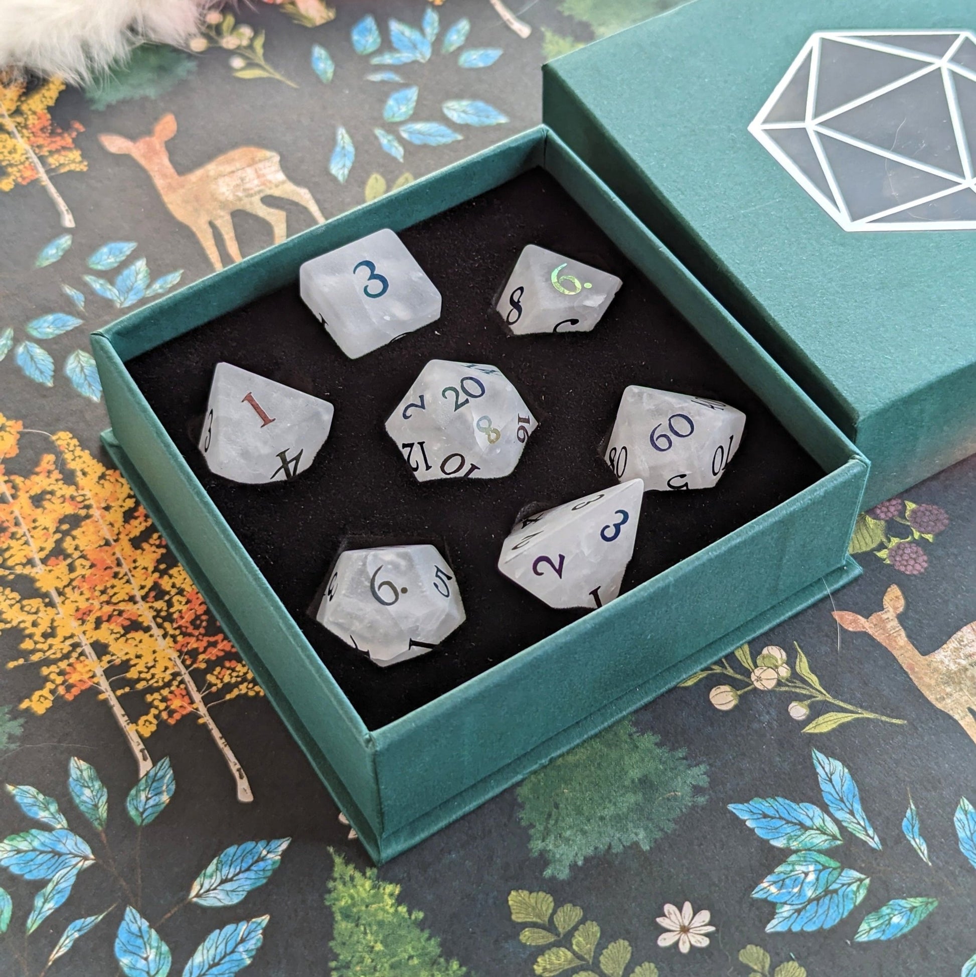 Quartz Crystal Gemstone Dice Set | Frosted Real Stone DnD Dice with Rainbow Numbers Dice Sets & Games Fennek and Finch