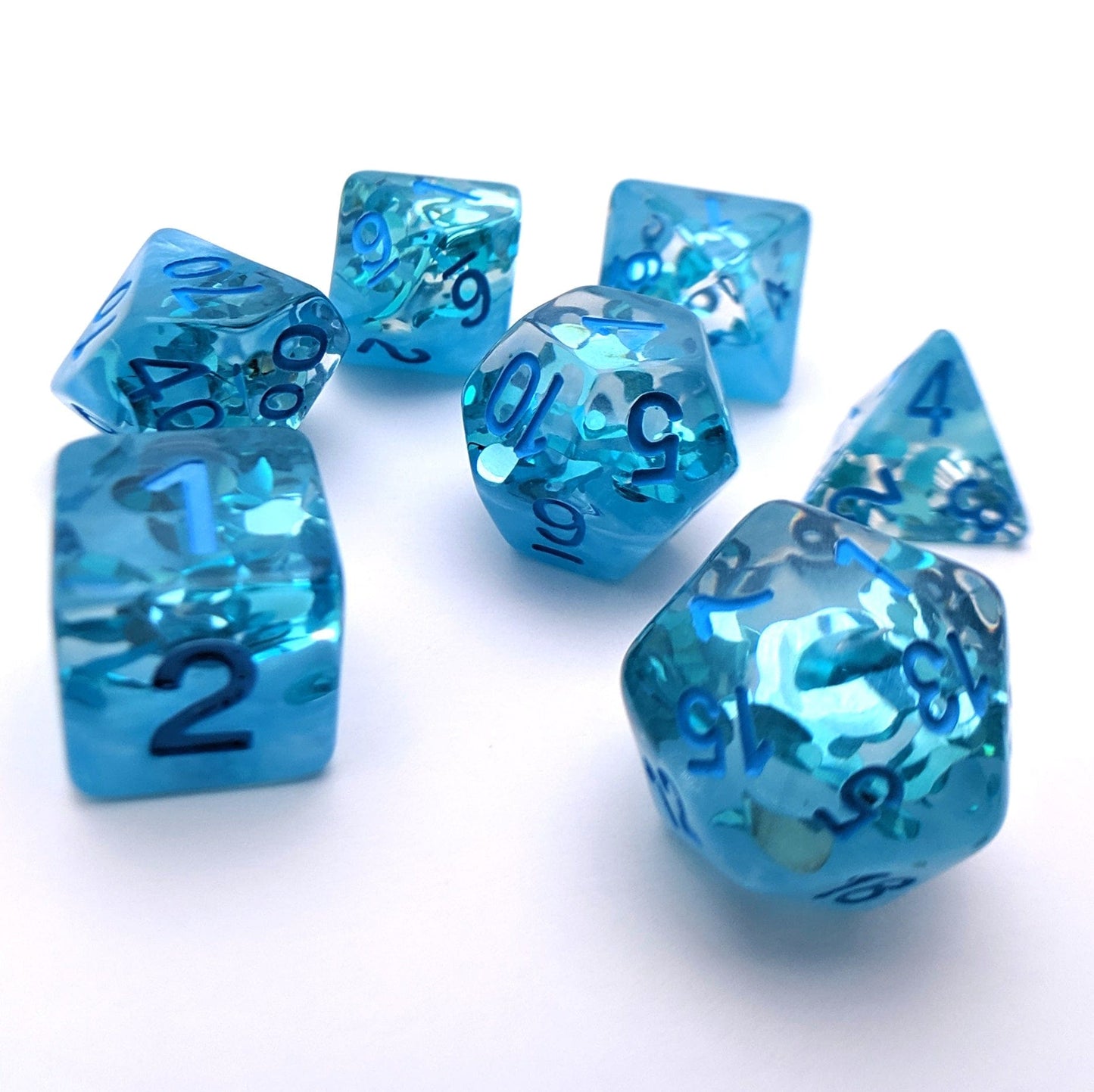 Rain Drops DnD Dice Set, Blue Rain Translucent Glitter Dice - CozyGamer