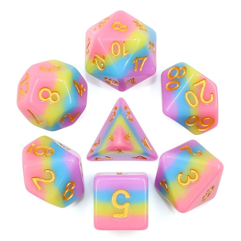Rainbow Bridge Dice Set. Opaque layered pink, yellow, blue and purple DND dice set - CozyGamer