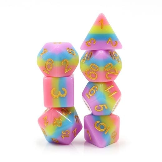 Rainbow Bridge Dice Set. Opaque layered pink, yellow, blue and purple DND dice set - CozyGamer