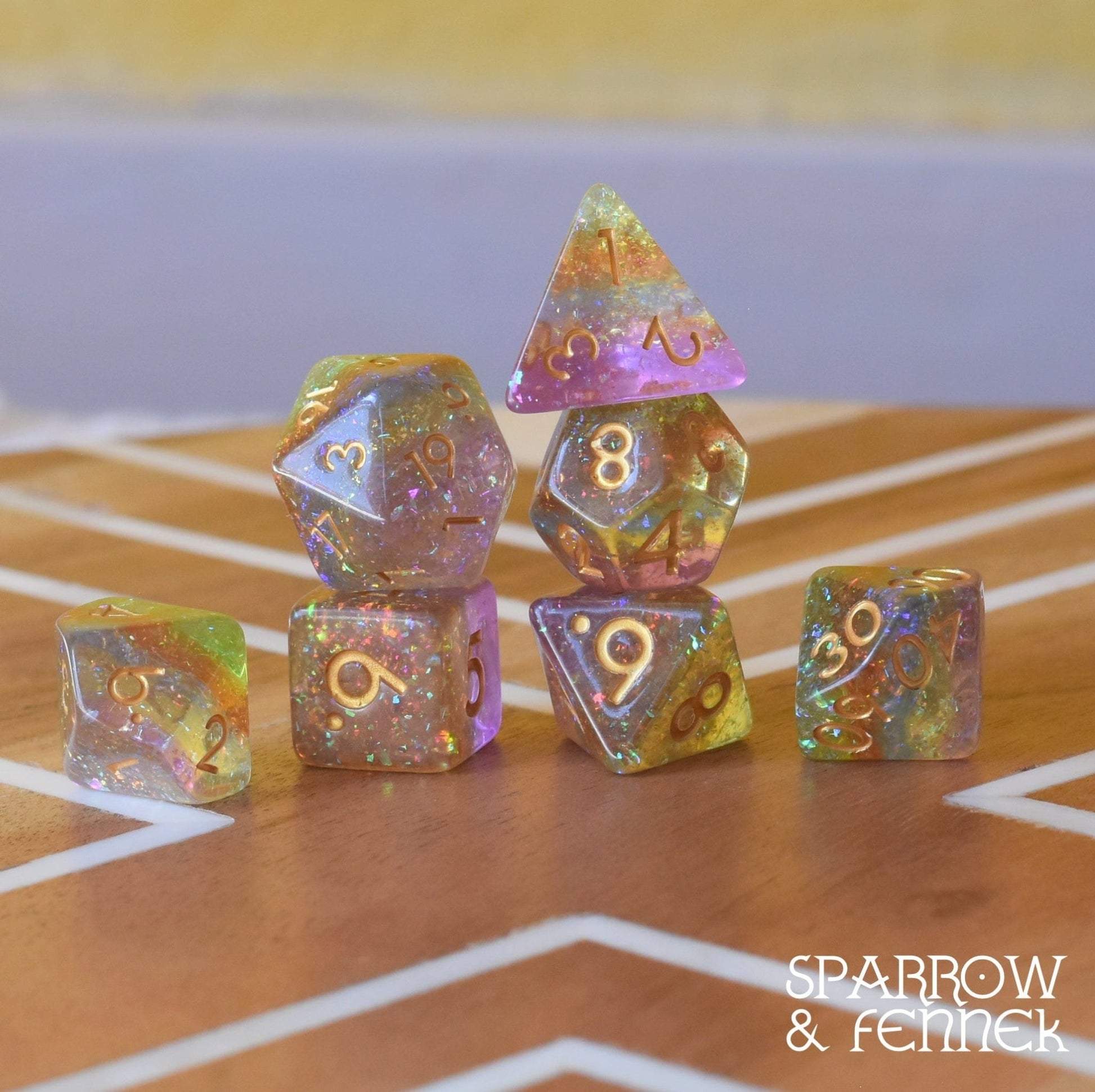 Rainbow Catcher DnD Dice Set, Translucent Glitter Rainbow layered Dice - Fennek and Finch