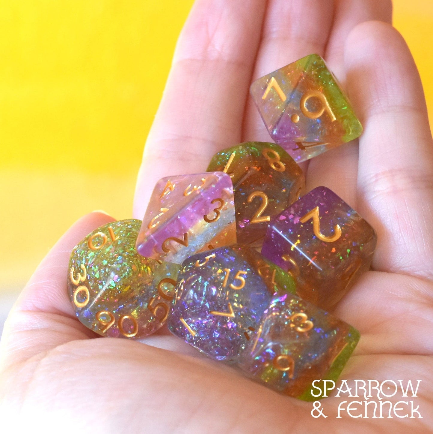 Rainbow Catcher DnD Dice Set, Translucent Glitter Rainbow layered Dice - Fennek and Finch