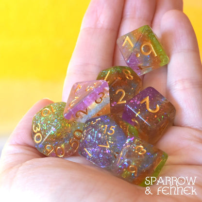 Rainbow Catcher DnD Dice Set, Translucent Glitter Rainbow layered Dice - Fennek and Finch