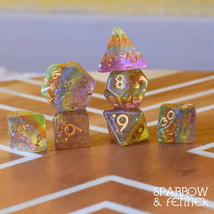 Rainbow Catcher DnD Dice Set, Translucent Glitter Rainbow layered Dice - Fennek and Finch