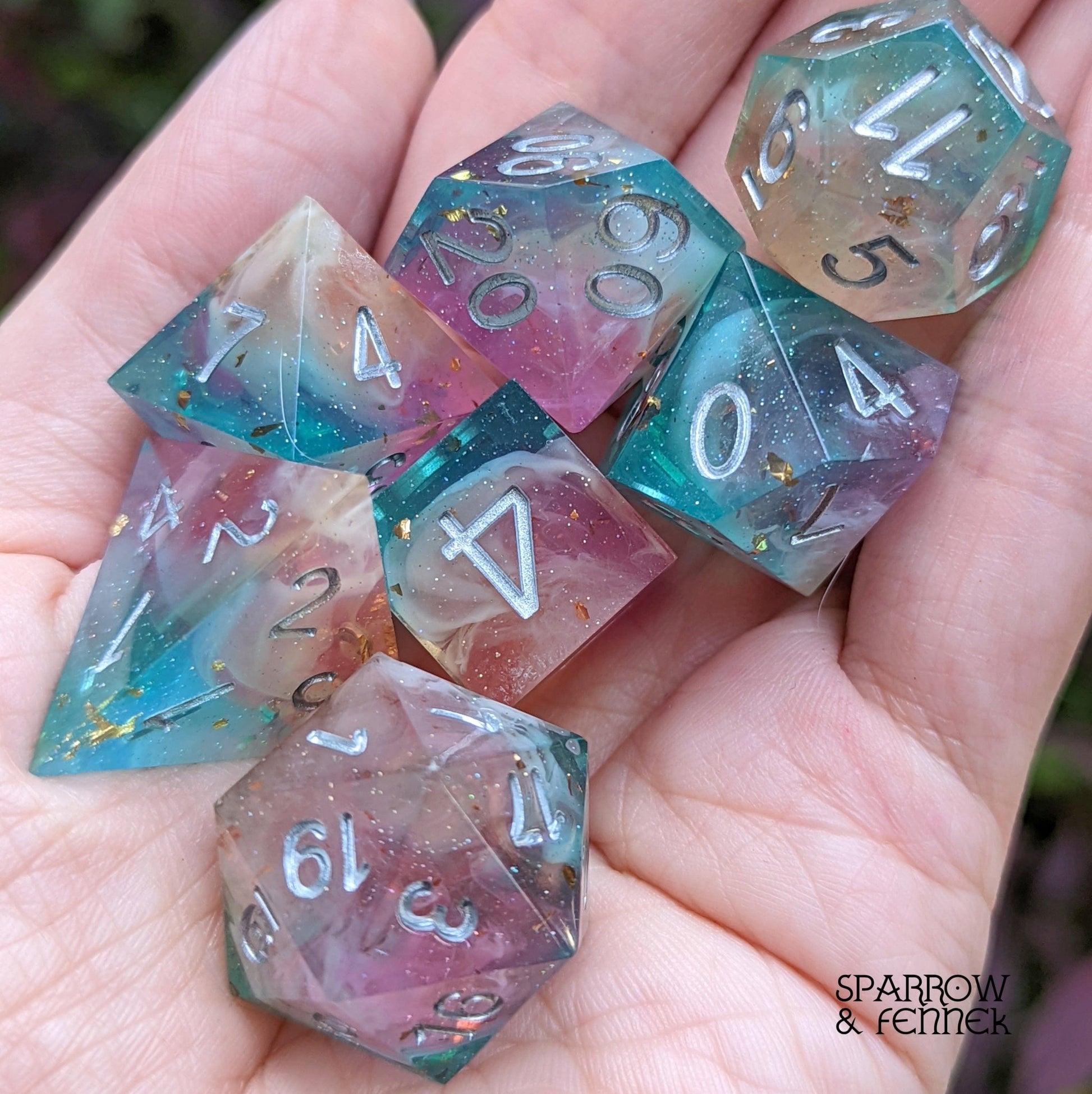 Rainbow Clouds Sharp Edge Dice Set – 7 - Piece Marbled Rainbow Resin DnD Dice - Fennek and Finch