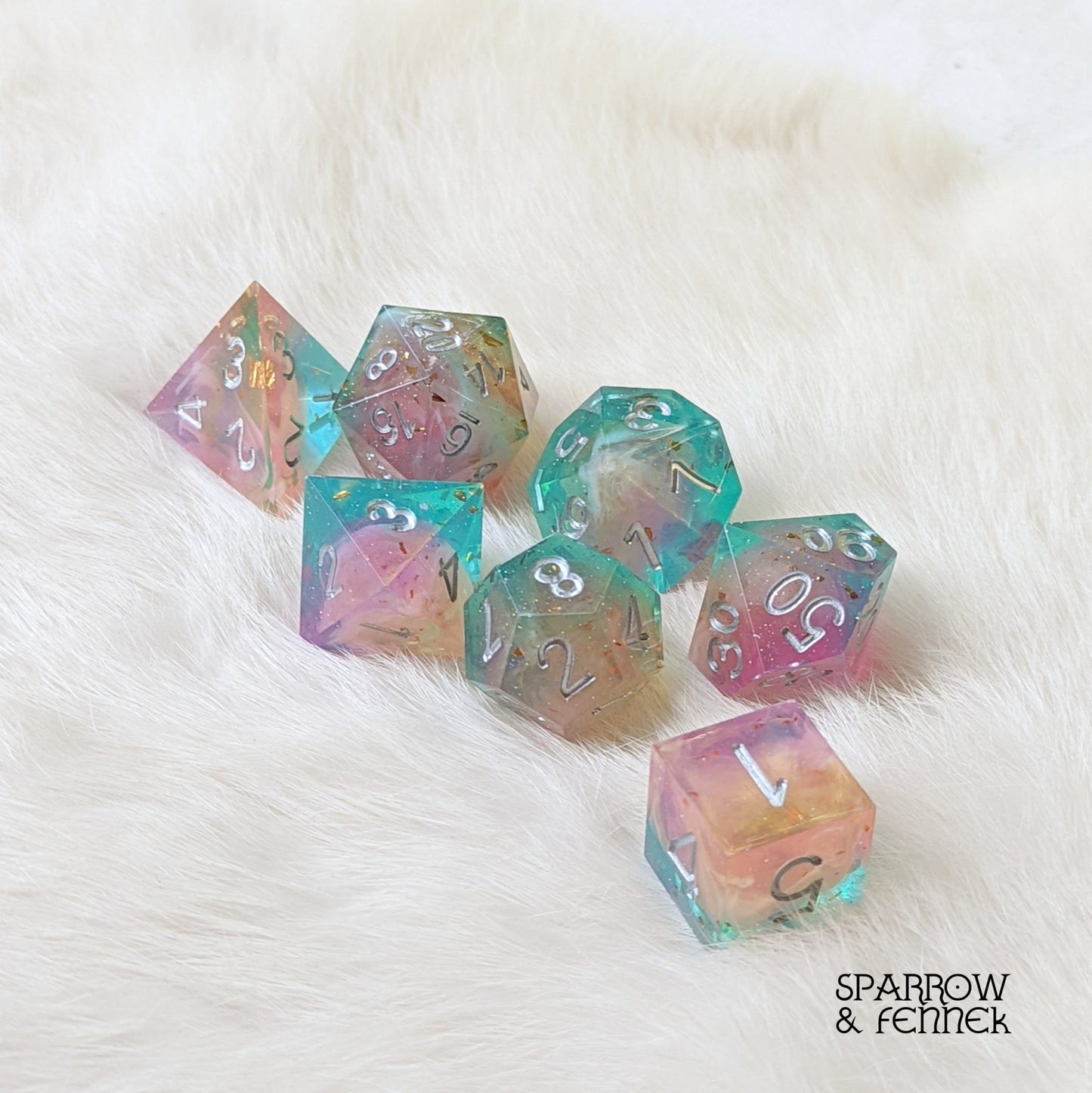 Rainbow Clouds Sharp Edge Dice Set – 7 - Piece Marbled Rainbow Resin DnD Dice - Fennek and Finch