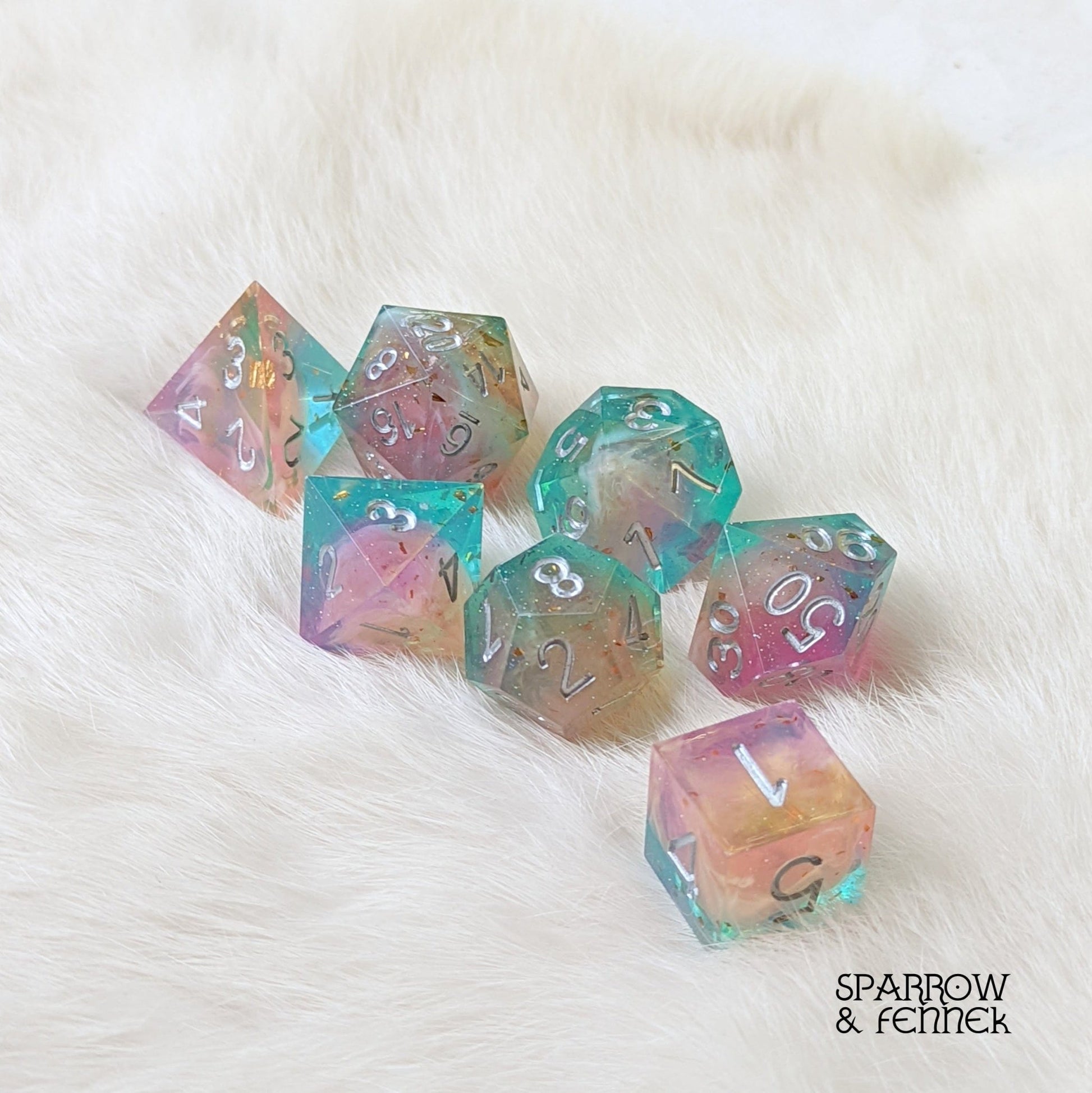 Rainbow Clouds Sharp Edge Dice Set – 7 - Piece Marbled Rainbow Resin DnD Dice - Fennek and Finch