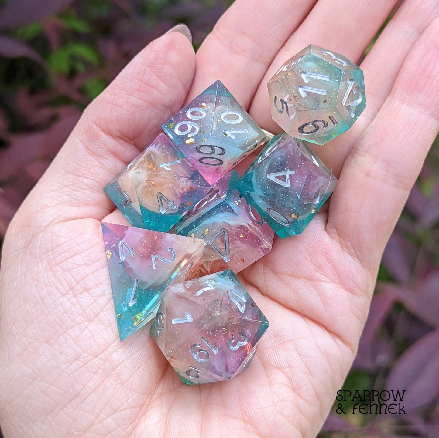 Rainbow Clouds Sharp Edge Dice Set – 7 - Piece Marbled Rainbow Resin DnD Dice - Fennek and Finch