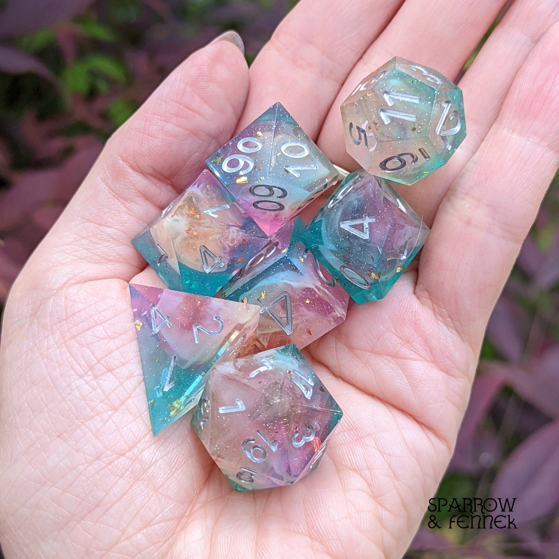 Rainbow Clouds Sharp Edge Dice Set – 7 - Piece Marbled Rainbow Resin DnD Dice - Fennek and Finch