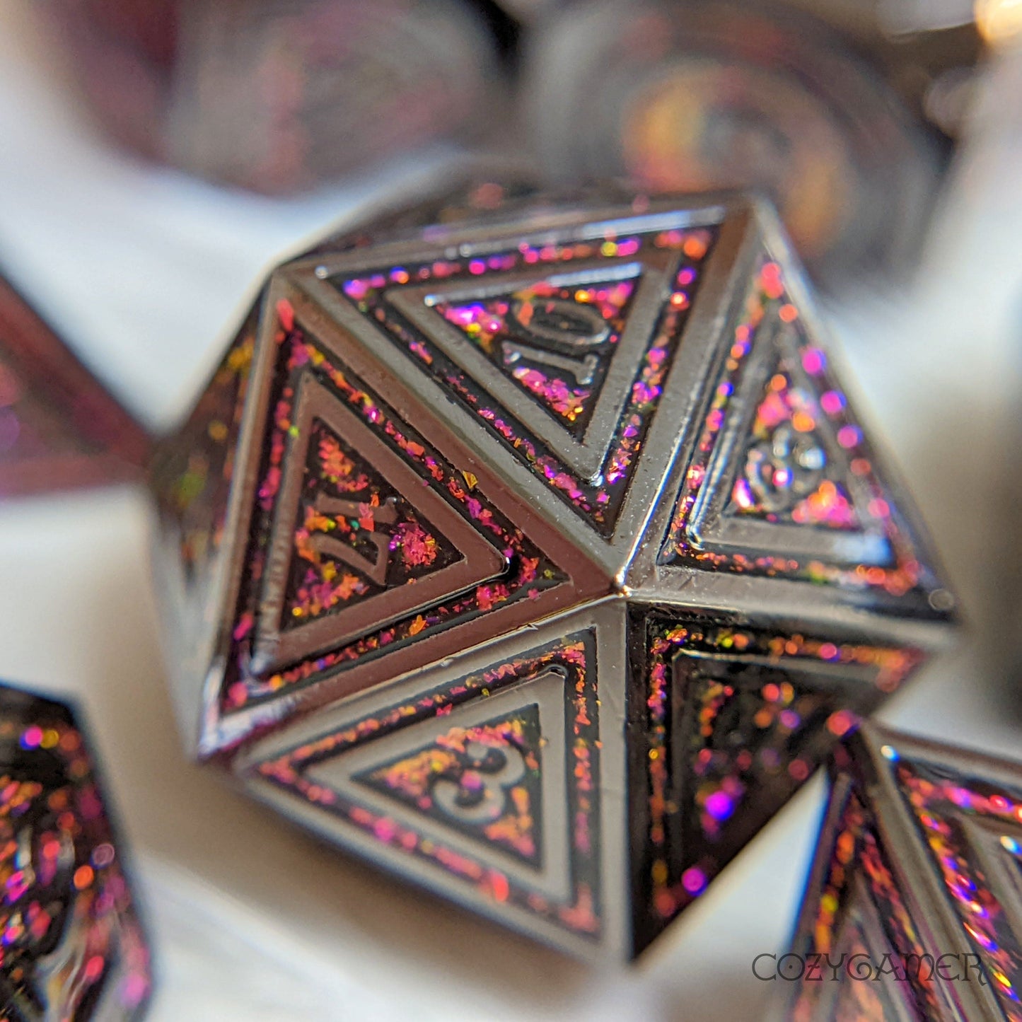 Rainbow Garnet Gate Metal Dice Set. Black Plated with Color Shifting Glitter