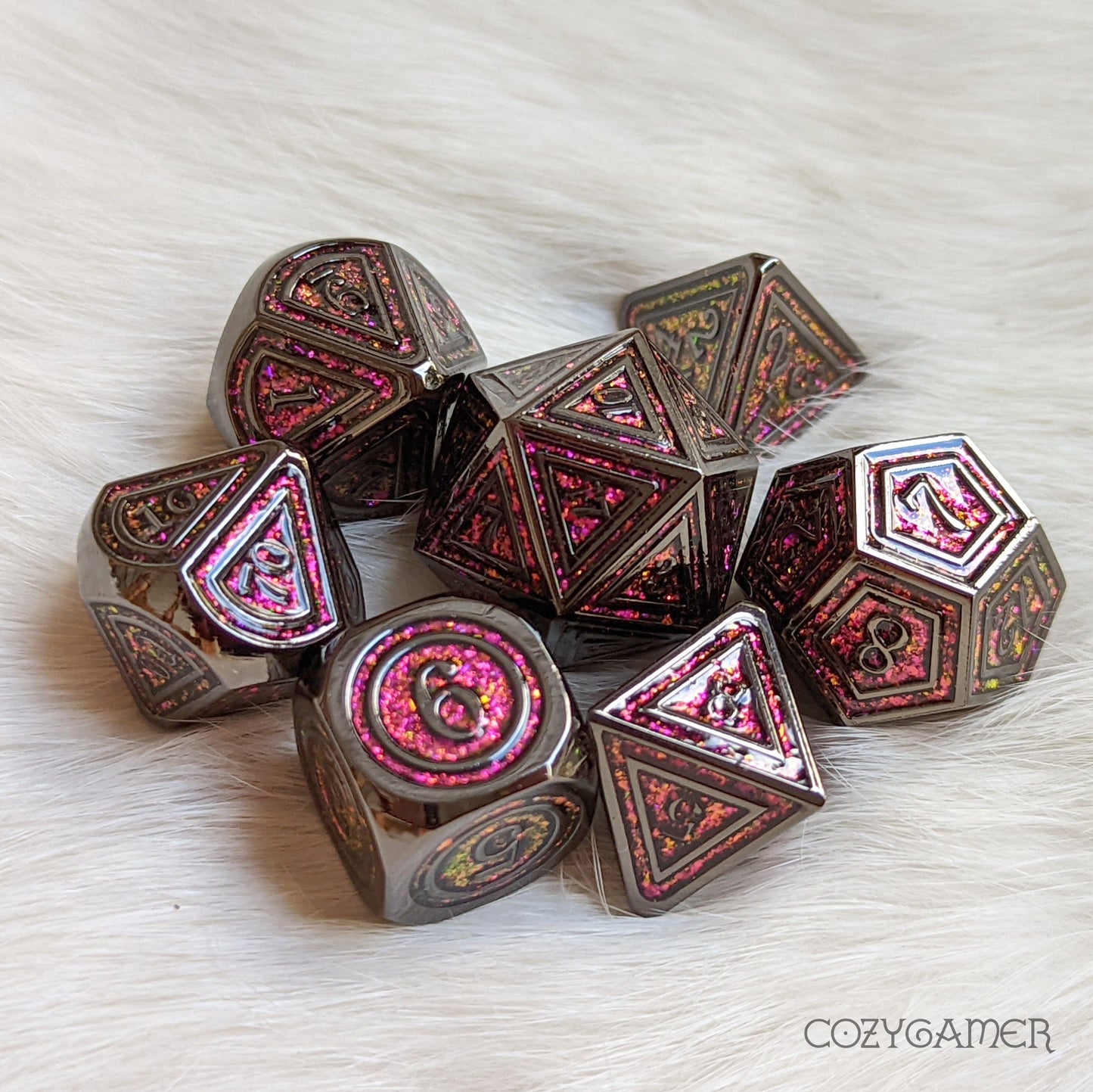 Rainbow Garnet Gate Metal Dice Set. Black Plated with Color Shifting Glitter