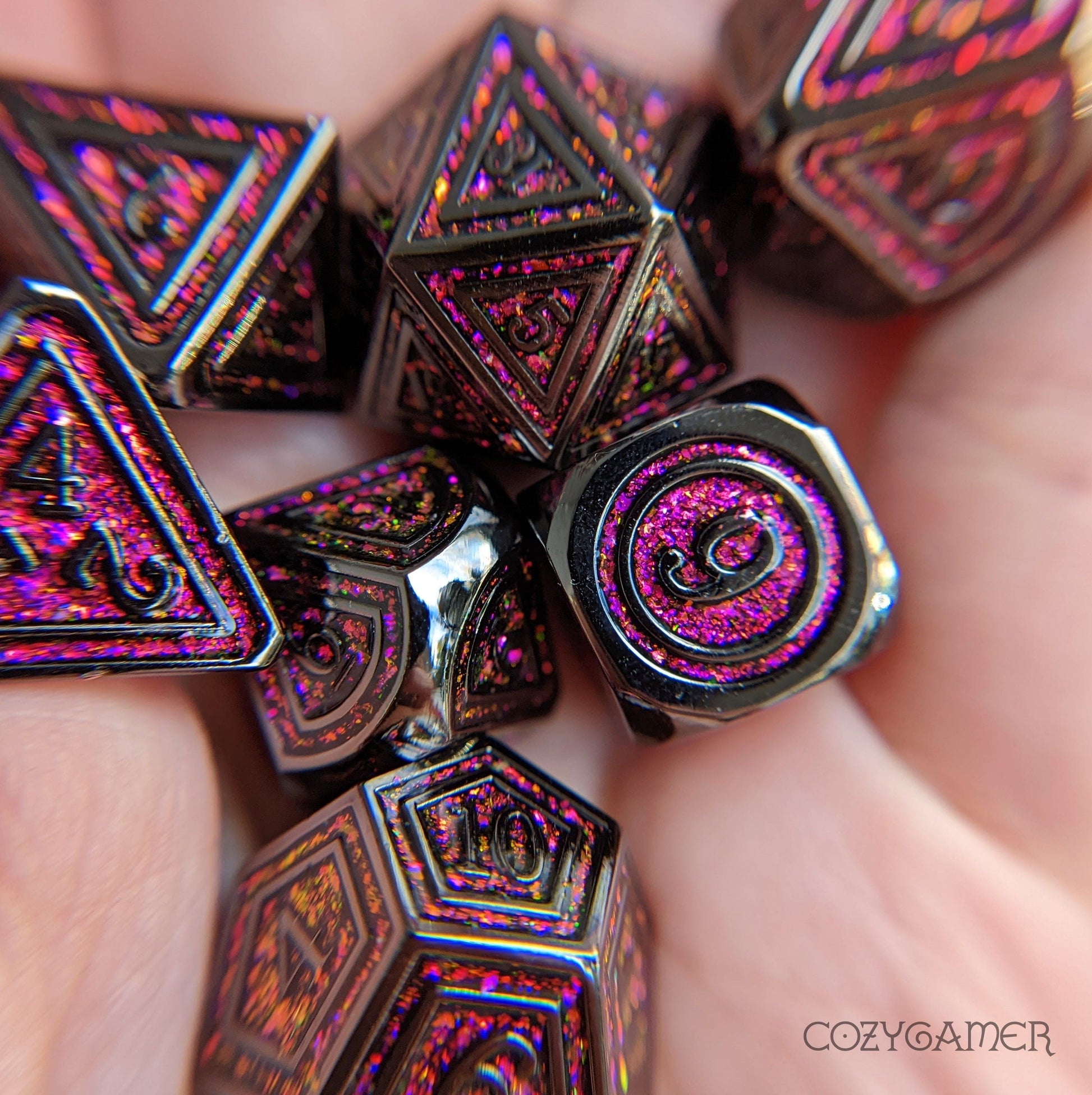Rainbow Garnet Gate Metal Dice Set. Black Plated with Color Shifting Glitter