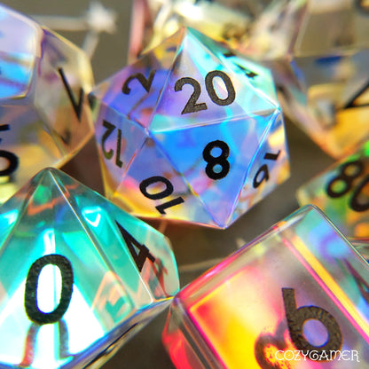 Iridescent fractal glass dice set with black numbers reflecting vibrant colors, perfect for Dungeons and Dragons tabletop games.