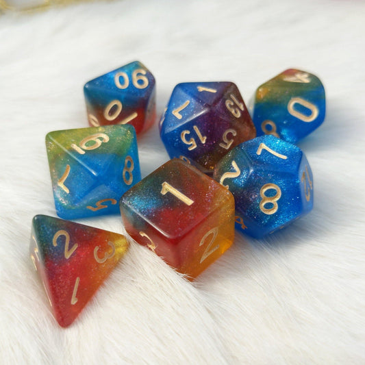Rainbow Reef Dice Set – 7 - Piece Micro Shimmer Galaxy Ocean DnD Dice - Fennek and Finch