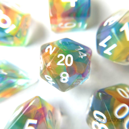 Rainbow Ribbon Dice Set. Clear Resin with Colorful Shavings