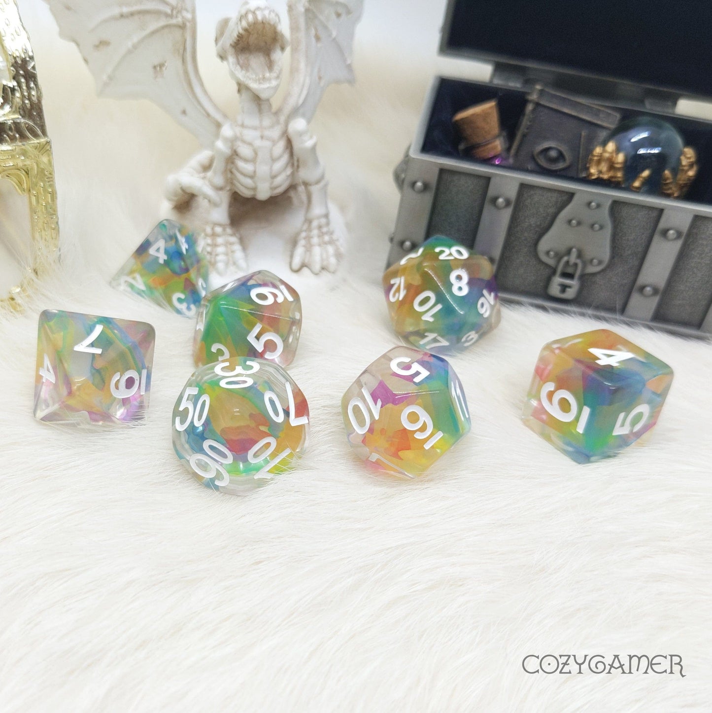 Rainbow Ribbon Dice Set. Clear Resin with Colorful Shavings