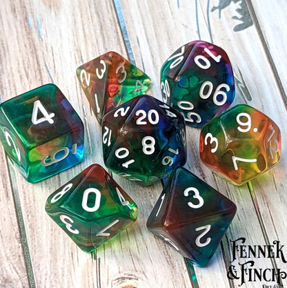 Rainbow Watercolor Dice Set – 7 - Piece Multicolor Blend DnD Dice - Fennek and Finch