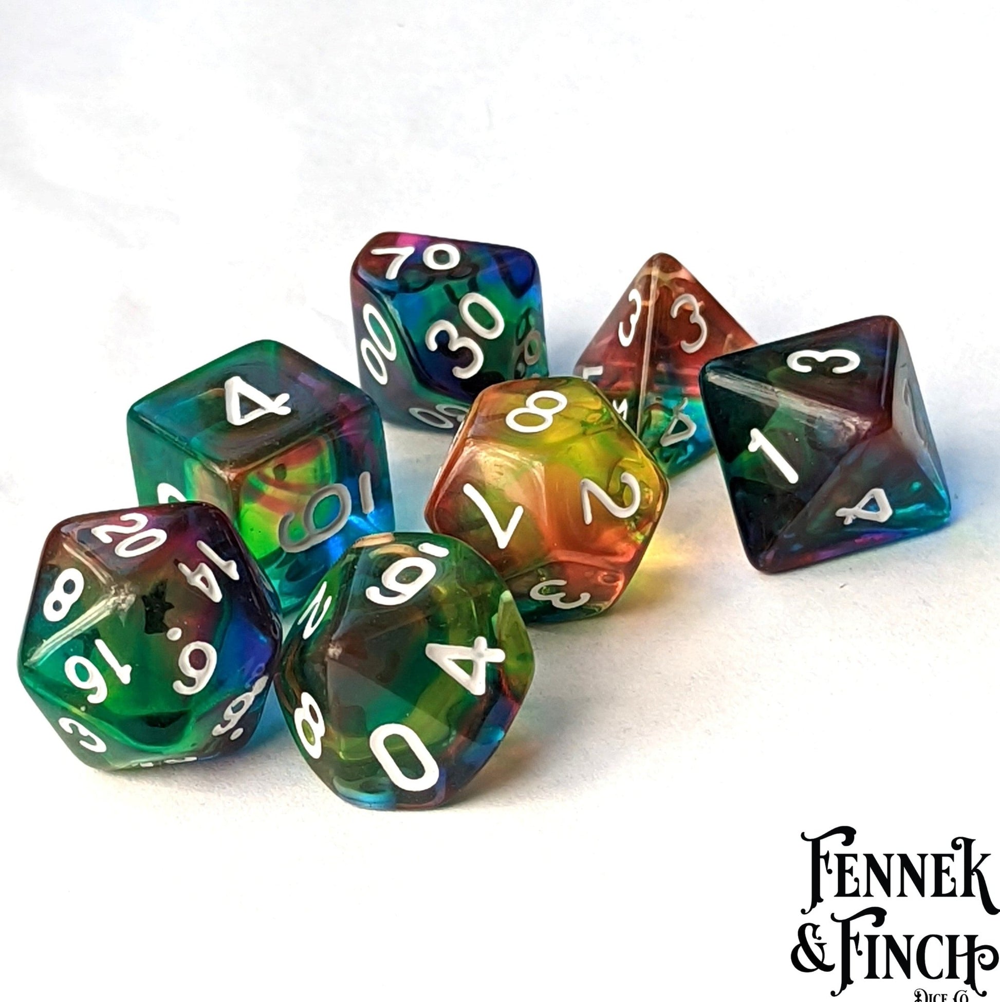 Rainbow Watercolor Dice Set – 7 - Piece Multicolor Blend DnD Dice - Fennek and Finch