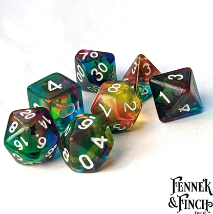 Rainbow Watercolor Dice Set – 7 - Piece Multicolor Blend DnD Dice - Fennek and Finch